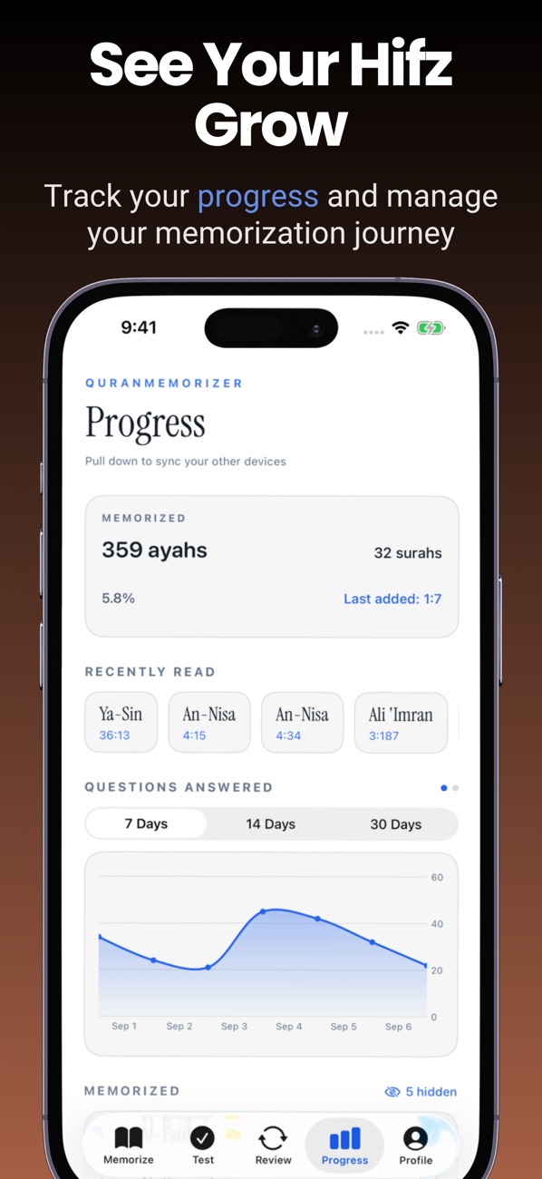 Quran Memorizer progress screen with recall accuracy