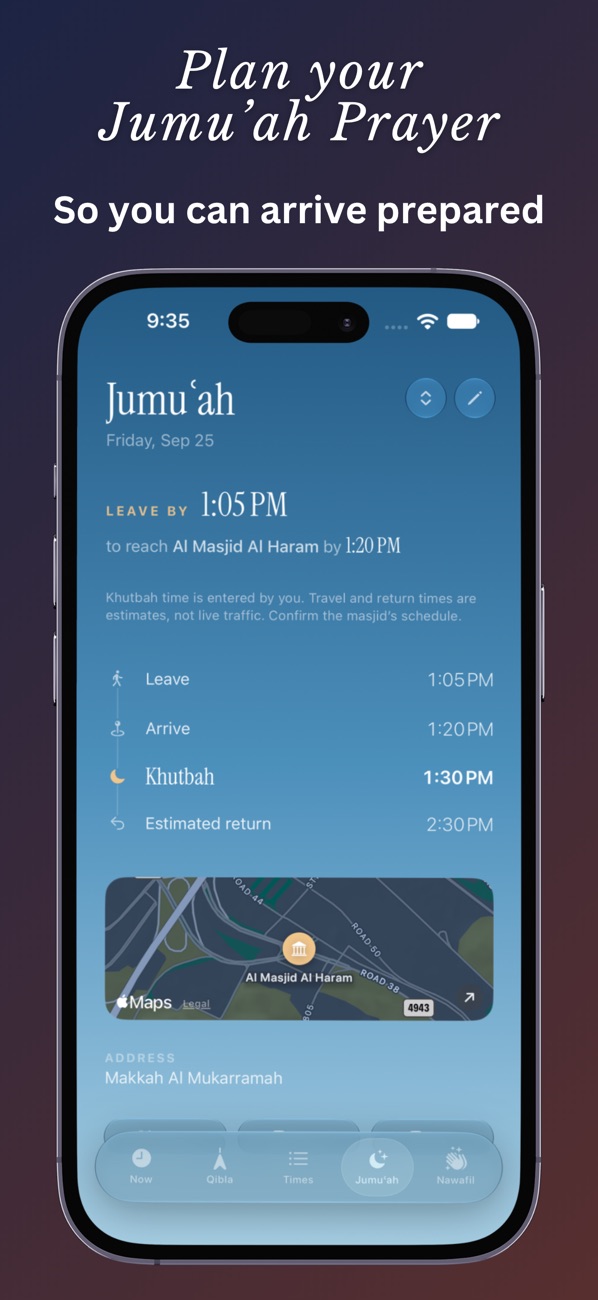 Waqti Jumu'ah planner showing when to leave