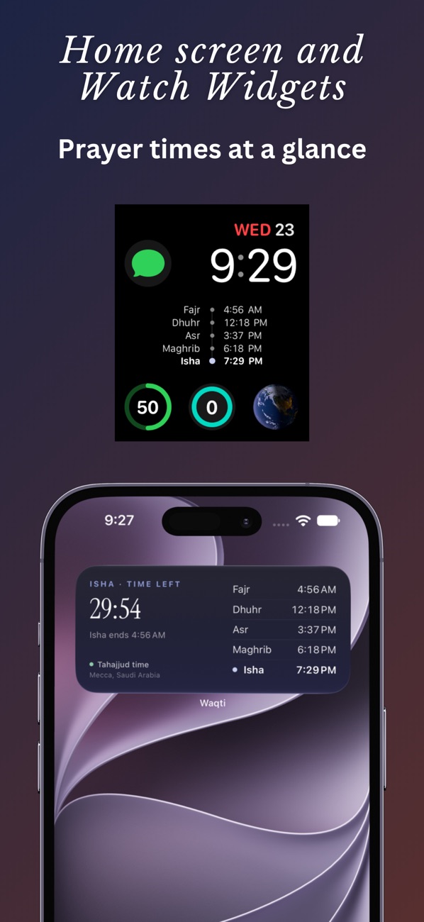 Waqti widgets on the Lock Screen and Apple Watch